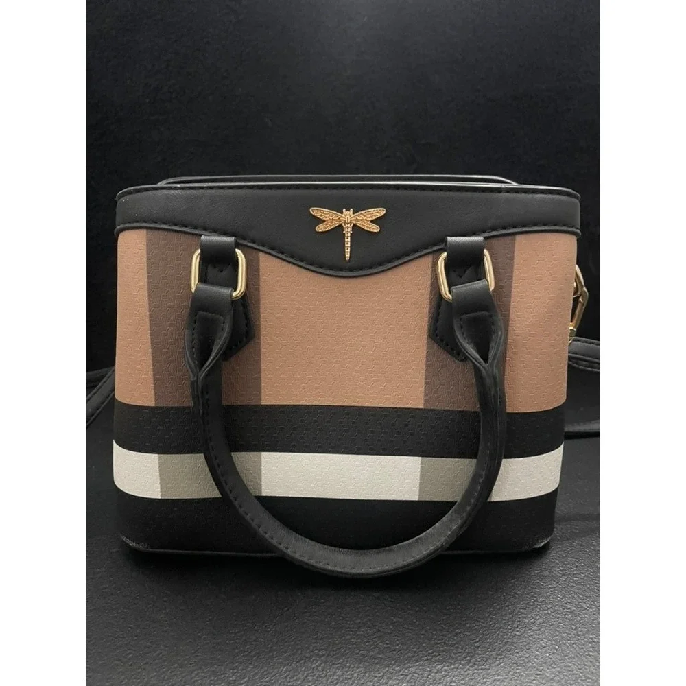 Women Dragonfly Emblem Colorblock Satchel Crossbody Bag TanBlack White Gold Tone